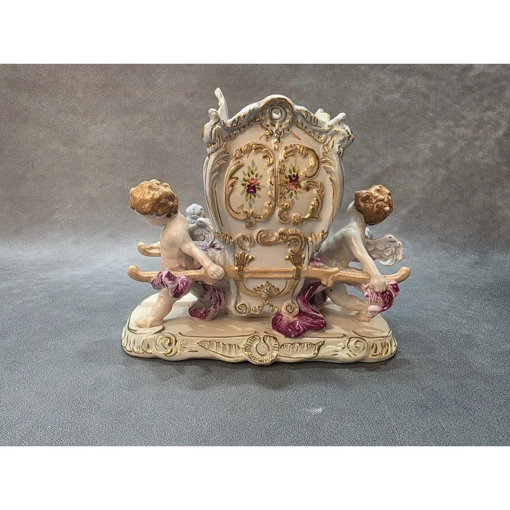 Vintage Porcelain Cherub Sedan Chair Centerpiece Gold Gilt Floral Figurine 8